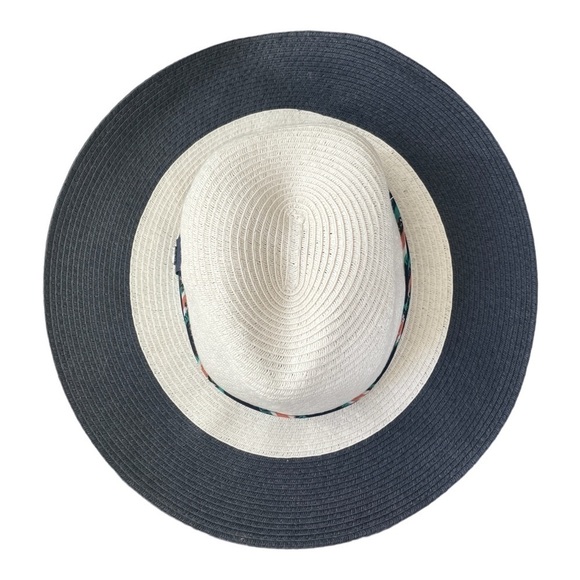 John Callanan Ivory & Navy Stripe Accent Toyo Straw Floppy Sun Hat - Picture 2 of 5